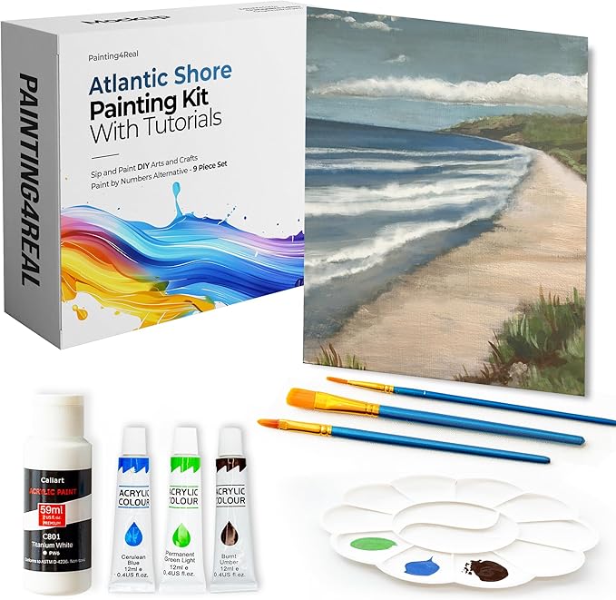 Painting4Real DIY Art Painting Kit for Adults – Learn to Paint Atlantic Coast with Video Tutorials – 9 Pieces Acrylic Paint Set for Adults –Perfect Christmas Crafts & Holiday Gifts for Art Lovers