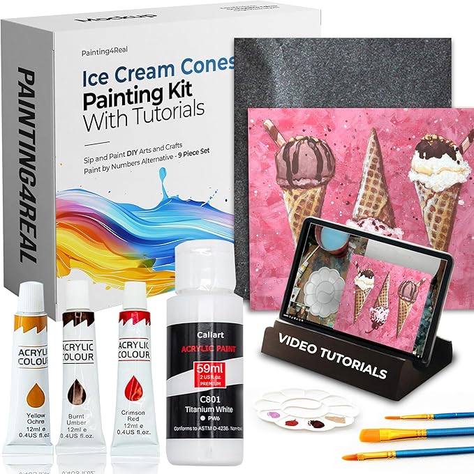 Painting4Real DIY Art Painting Kit for Adults – Learn to Paint Ice Cream Cones with Video Tutorials – 9 Pieces Acrylic Paint Set for Adults –Perfect Christmas Crafts & Holiday Gifts for Art Lovers