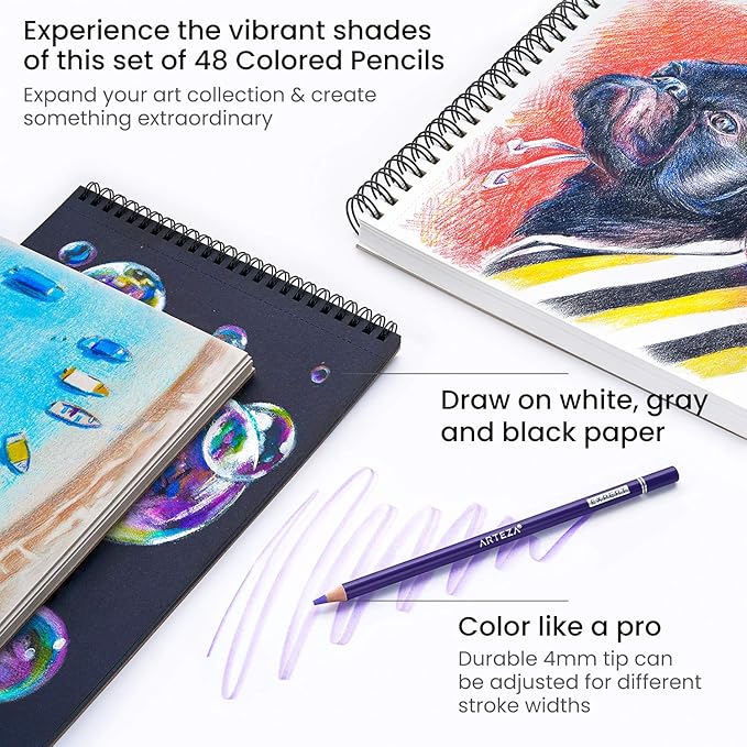 ARTEZA Colored Pencils, 48 Wax-Based Color Pencils, Vibrant Coloring Pencils in Tin Box for Adults, Professional Art Supplies