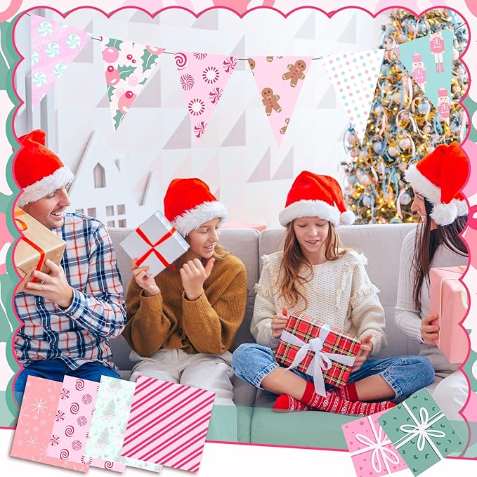 Oudain 60 Pcs 10 x 10 Inch Pastel Christmas Quilting Fabric Squares Vintage Christmas Fat Patchwork Precuts Pink Green Gingerbread Man Nutcracker Fabric Bundles for Xmas DIY Craft Sewing Handmade