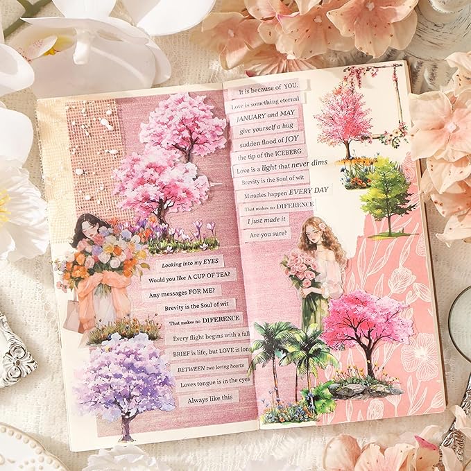 24 Sheets Seasonal Tree PET Stickers Set, Four Seasons Forest & Blossom Designs - Waterproof Pre-Cut Art for Scrapbook Journals Planners DIY Décor