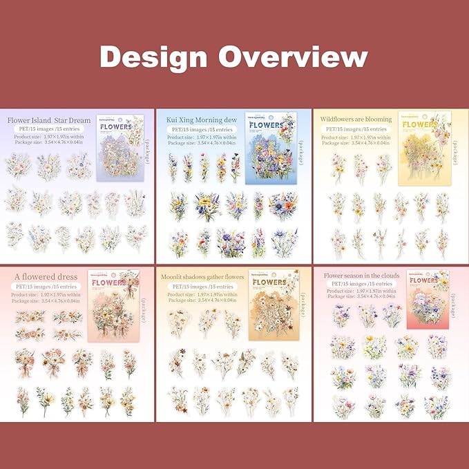 90PCS Floral PET Stickers, Botanical Flower Scrapbook Stickers for Journaling, DIY Crafts and Planner Decoration, Transparent Waterproof Junk Journal Supplies