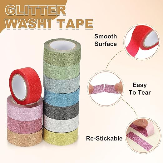 PATIKIL 2 Roll Glitter Paper Washi Tape, 15mm Glitter Film Self-Adhesive Decorative Tape for Crafts DIY Gift Packaging Art Scrapbook Decor, Gold