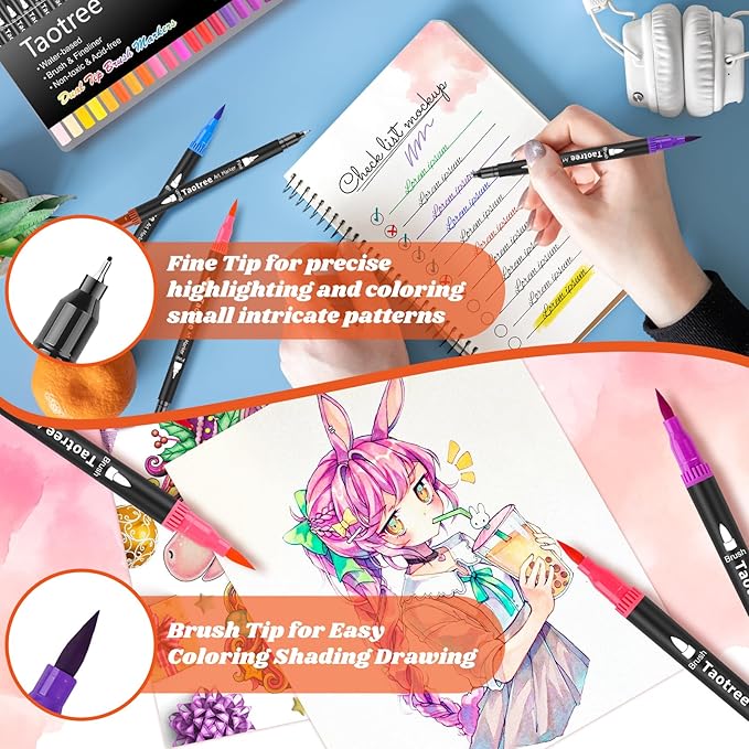 Taotree 120 Colors Dual Tip Art Markers Pens for Adult Coloring Book, Artist Fine & Brush Tip Coloring Markers Set Drawing Pens Craft Art Supplies for Journaling Note Taking Lettering Calligraphy