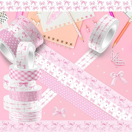 12 Rolls Pink Bow Washi Tape Set Bowknot Decorative Masking Tape Set - Bowknot, Buffalo Plaid Decorative Masking Tapes for Scrapbooking, Journaling, Coquette Party Decor, DIY Art Crafts