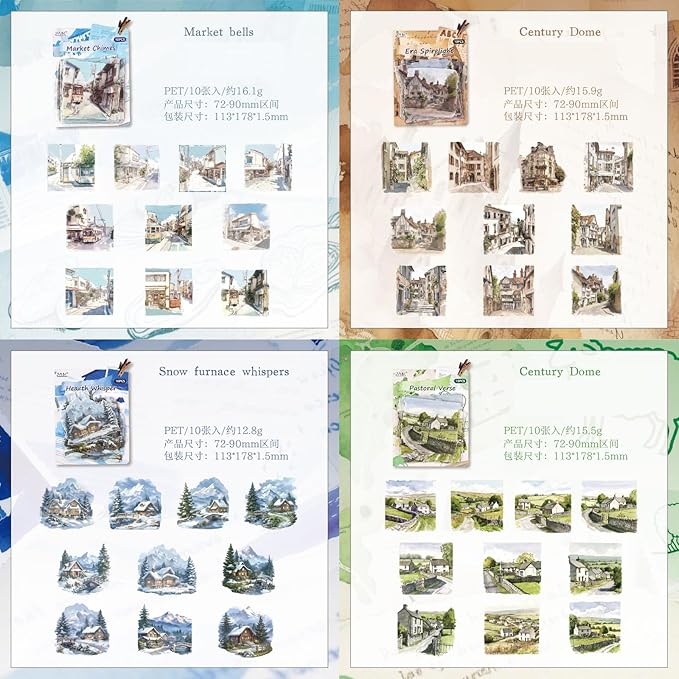 40 PCS Vintage Street Pastoral Christmas Snow House Scenery PET Stickers, 4 Pack Aesthetic Decorative Large Size Stickers for Scrapbooking, Journaling, Waterproof DIY Crafts and Junk Journal