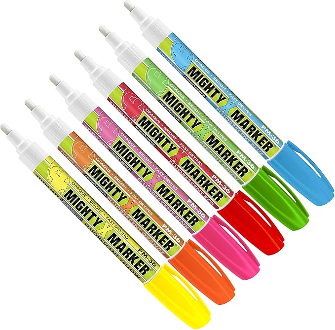 PM-36 Paint Marker, 2.3mm Bullet Tip, Permanent & Waterproof, DIY Crafts, Drawing, Glass, Ceramic, Stone, 6 Bonus Reversible Tips, Made in USA, Flourescent Assorted 6 Pack