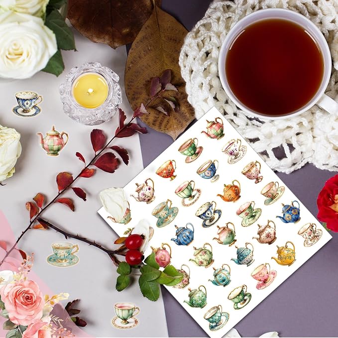 300 Pcs Vintage Tea Cups Stickers Rustic Mini Tea Time Stickers Party Favors Aesthetic Waterproof Vinyl Decals Pack for Water Bottles Scrapbooking Laptop Luggage Phone Skateboard
