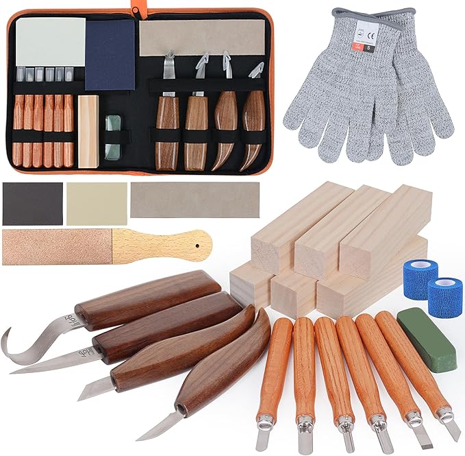 Fohil 33-IN-1 Wood Carving Kits with Detail Carving Knife, Whittling Knife, Wood Carving Tools for Adults Beginners, Whittling Kit with 6pcs Woods Block, DIY Gift for Adults