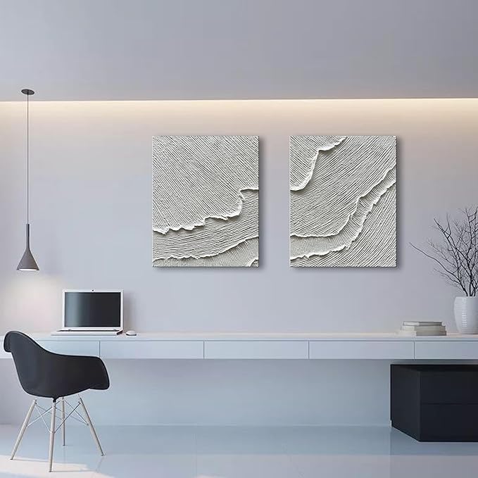 NANKAI Art Hand-Drawn Abstract Oil Painting with White Texture. Romantic sea Wave Landscape Painting. Decorative Art Piece for Home or Office Wall. 20x24 inches x 2