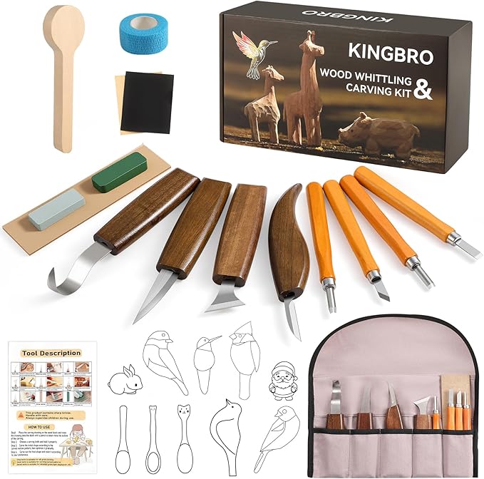 KINGBRO 20 PCS Wood Carving Kit for Beginners, Whittling Kit for Beginner and Kids, Wood Carving Tools with Safety Protection. 8 pcs Whittling Knife Wood Carving Set with 2 pcs Custom Sticker
