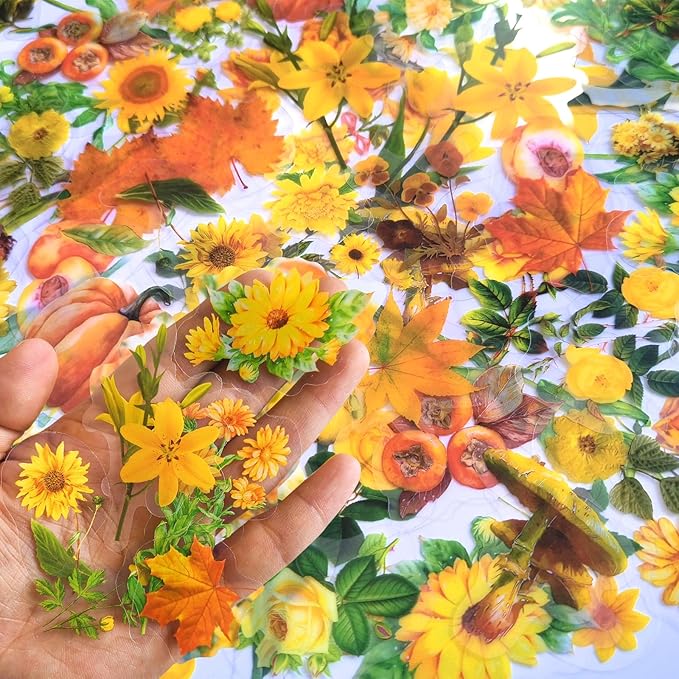Yoksas Nature Fall Foliage Wildflower Stickers - 100Pcs Aesthetic Clear Yellow Mushroom Pumpkin Flower Stickers for Scrapbooking, Journaling, Retro Art, Resin Crafts