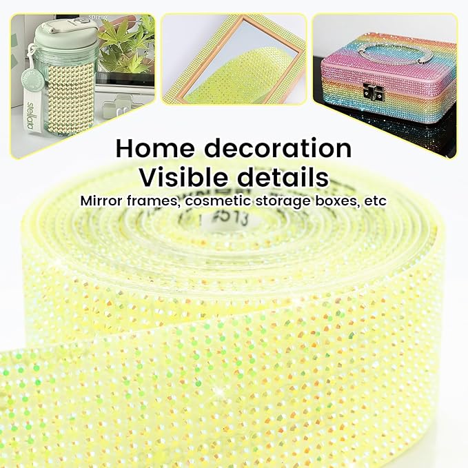 Novani Self Adhesive Rhinestone Ribbon, 1.18 Inch Wide 3 Yards 1 Roll, Lemon Yellow Diamond Bling Strips for DIY Crafts, Glitter Resin Rhinestones Tape for Crafting, Car Decoration