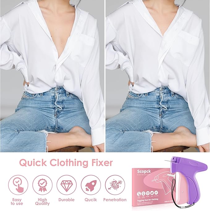 Handheld Micro Tagging Stitch Gun for Clothes - Quick Clothing Fixer - Mini Sewing Kit - Includes 6 Needle, 1000 Black Fasteners & 1000 White Fasteners (Purple)