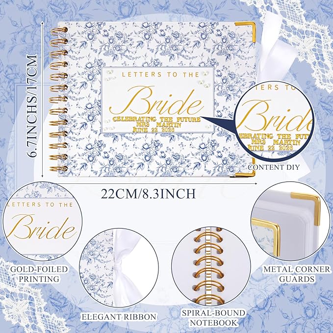 8.5 x 7 Inch Wedding Guest Book Letters to The Bride Scrapbook Wedding Memory Book Bridal DIY Blank Paper Scrapbook Photo Album Guest Sign with Pearl Stickers (157 Pcs,Blue Floral)