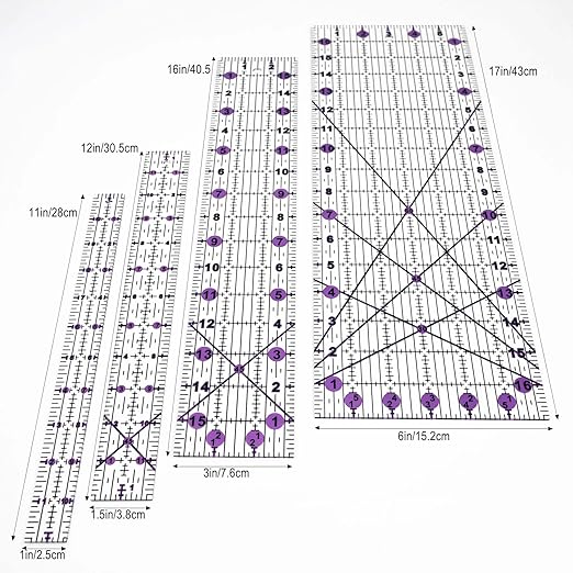 Quilting Rulers,Sewing Rulers,4 Piece Quilting Square Templates Purple(1"X11",1.5"X12",3"X16",6"X17")
