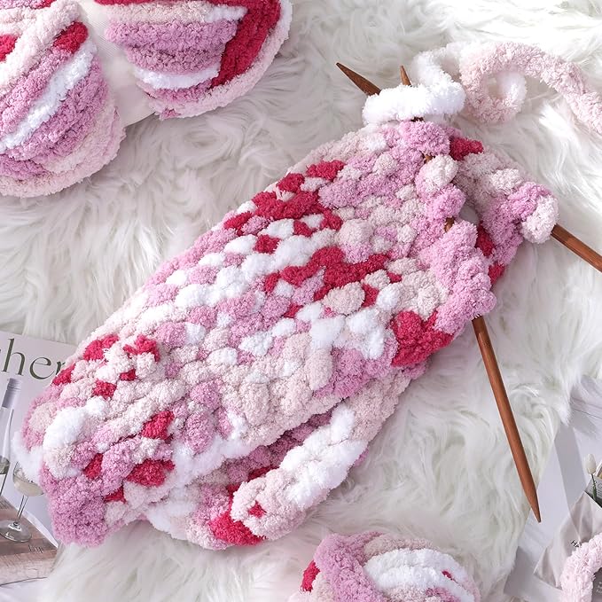 Hombys 8 Pack Giant Chunky Yarn for Crocheting/Hand Knitting - Super Bulky, Soft, Fluffy, Plush, Fuzzy, Thick Chenille Yarn - Tie Dye, Mixed Colors (Rose, Pink, White)