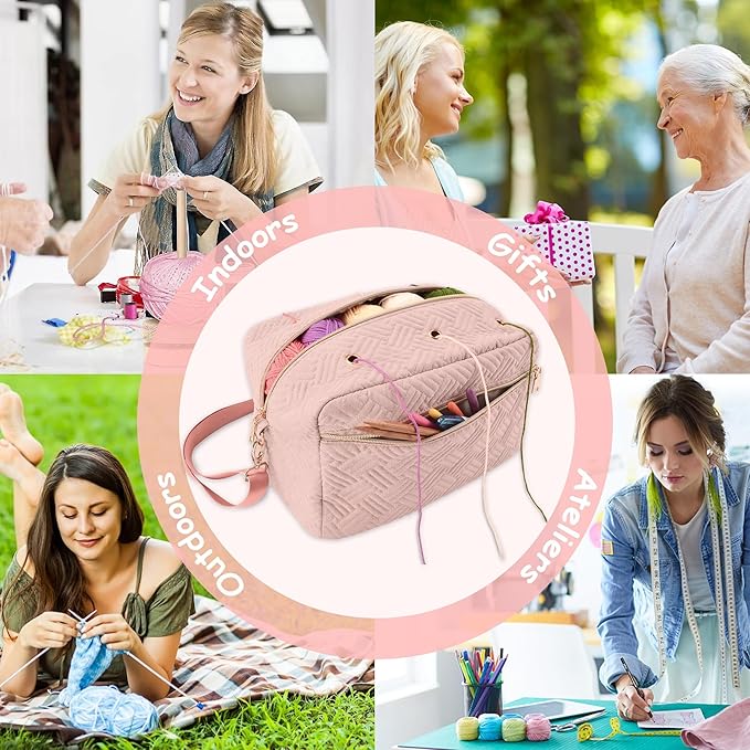Crochet Bag Organizer, Yarn Storage Organizer, Yarn Holder for Crochet with Adjustable Shoulder Straps, Knitting Bag for crocheting, Crochet Hook Case Gifts for Crocheters (Pink)