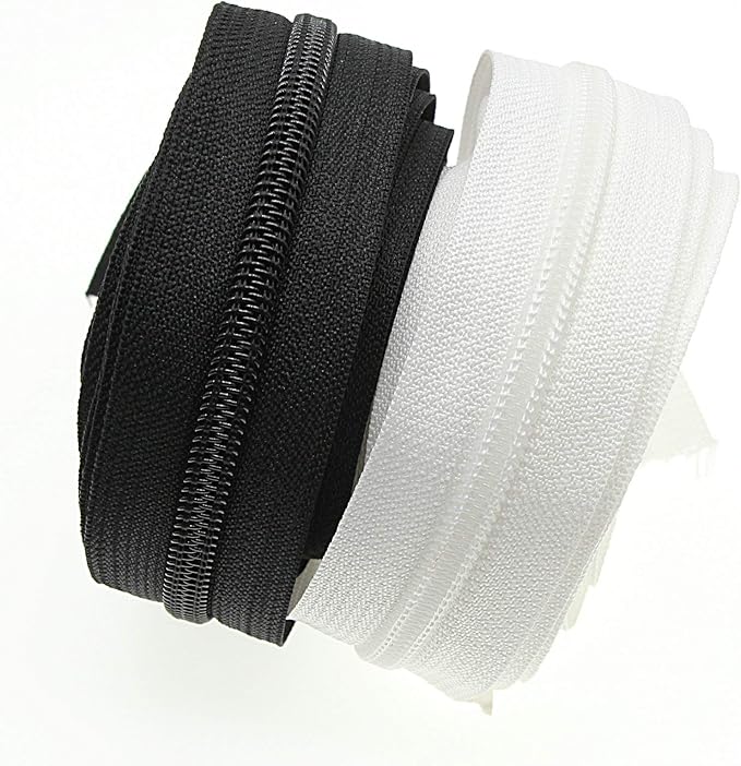 #3 Nylon Coil Sewing Zippers by The Yard Bulk 10 Yards White and Black Colors with 20pcs Matched Sliders for DIY Tailor Sewing Craft Bags,Luggage,Dress,Sofa Cushion, Pillow Leekayer(White and Black)