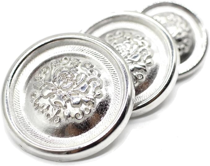 Silver Metal Shank Buttons - 12 Pcs - 3 Size Options - Floral Round Metal Shank Buttons for Men Women Blazer Coat Uniform Shirt Suit and Jacket Sewing Craft DIY N6901
