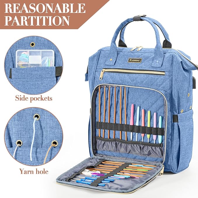 Knitting Bag Backpack, Yarn Organizer with USB Charging Port, Quilted Backpack for Women, Christmas Gifts Large Travel Crochet Bag Totes for Crochet Hooks, Knitting Needles, Yarn Supplies, Blue