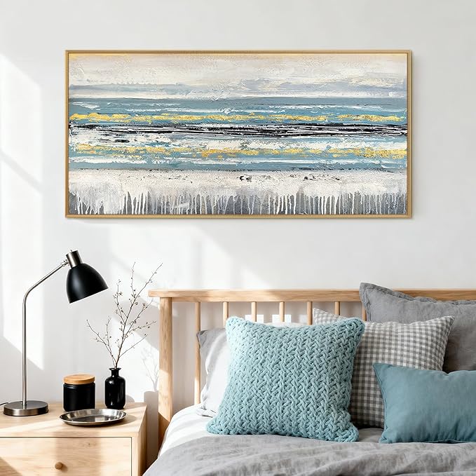 Large 100% Handmade Abstract Oil Painting with Frame Modern Original Hand Painted Blue Ocean Wall Art Modern White Gold Pictures Minimalist Artwork for Living Room Bedroom Office Dining Room 48x24in