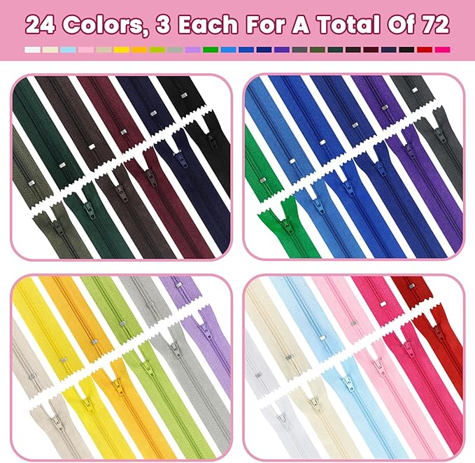 Nylon Zippers, DOITEM 72pcs 20cm/8 Inch Multicolor Nylon Coil Zippers for Sewing and Crafts 24 Colors