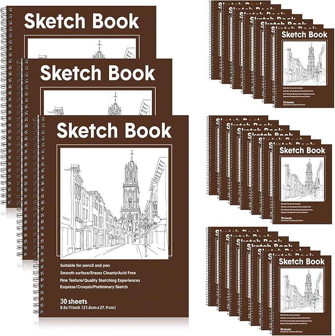 Qilery 24 Pcs 8.5 x 11'' Sketch Book Pads Bulk 30 Sheets Each Spiral Sketchbook 100 GSM Drawing Paper Acid Free Art Sketch Book Pack for Painting Sketching