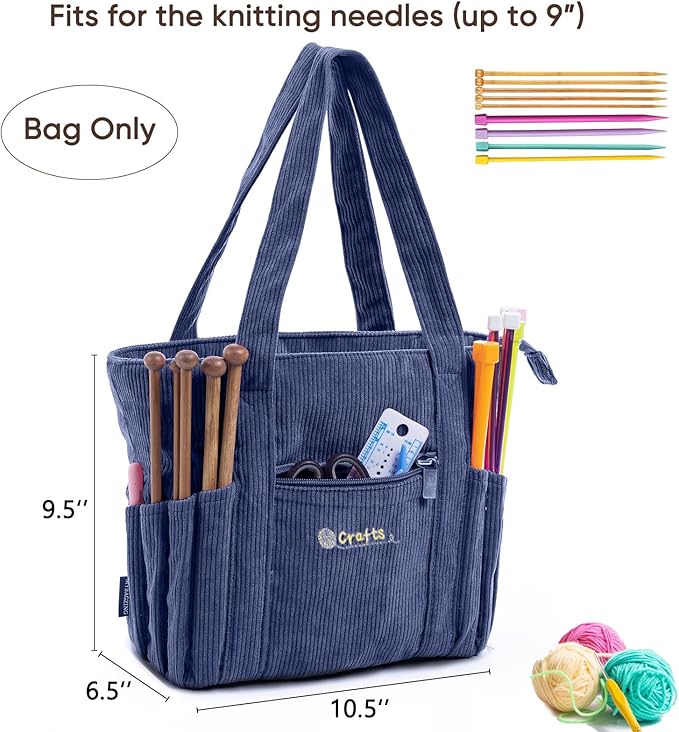 Crochet Bag and Tote - Corduroy Yarn Bag - Yarn Holder for Crocheting - Crochet Storage Bag for Crochet Hooks, Crochet Accessories, Knitting Bag for Crochet Lovers, Mother's Day Gift