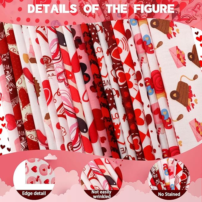 Breling 20 Pcs Valentine‘s Day Fabric Bundles Red Pink Heart Love Printed Fabric Fat Quarters Quilting Patchwork Heart Fabric for DIY Valentine Party Sewing Craft Decor, 20 Styles, 10 x 10 Inch
