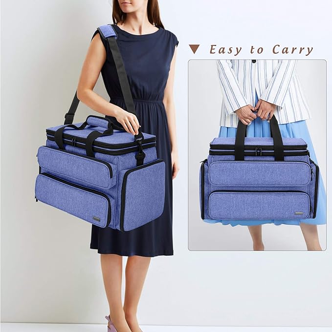Yarwo Knitting Yarn Bag, Portable Crochet Storage Tote with Double Top Cover and Yarn Holes for Knitting Needles(Up to 14”), Unfinished Projects and Skeins of Yarn, Blue