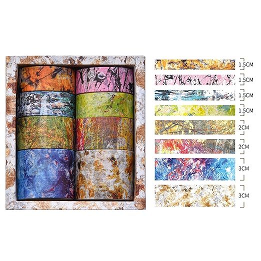 8 Rolls Retro Washi Tape Set Vintage Arts Adhesive Tapes Wide Painting Patterned Decorative Masking Tape Sets for Craft, Kids, Scrapbook, DIY, Gift Wrapping (Mottled Oil Paint)