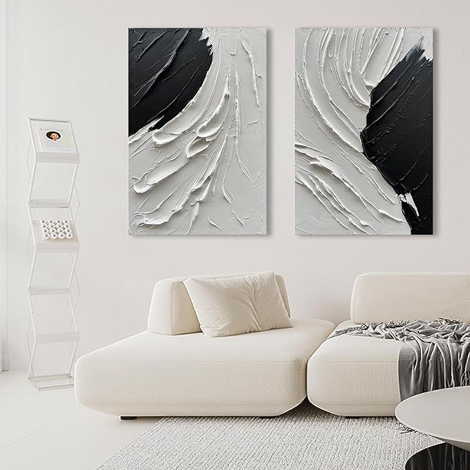 NANKAI Art 36x24 Inches Hand-Painted Thick Textured Black and White Minimalist Oil Painting Home Wall Decorative Art Oil Painting