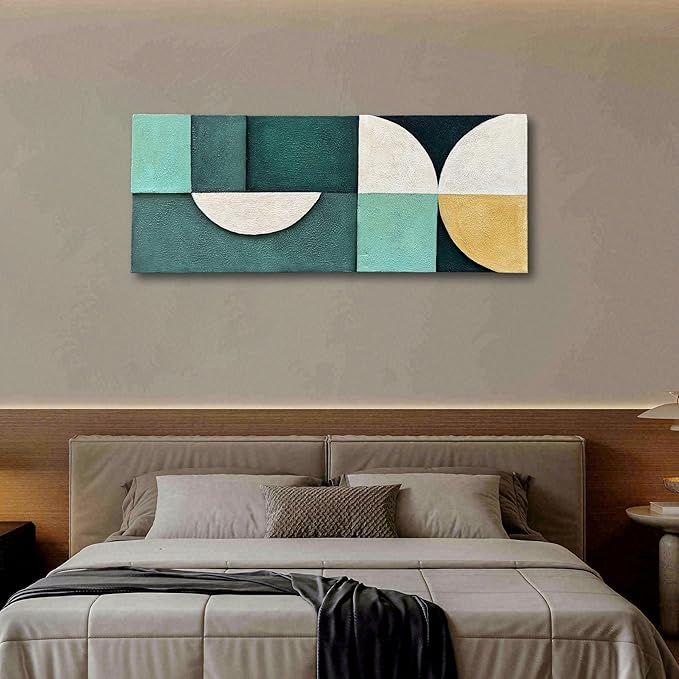 Art Hand-Painted Blue and Green Geometric Figure Abstract Oil Painting 24x60-inch Large Canvas Art Wall for Home and Office Wall Decoration