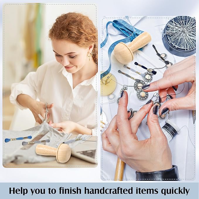 Jexine Darning Mushroom for Socks Wooden Darning Supplies Kit with Large Eye Needles Sewing Threads for Socks Clothes Adults Darner DIY Handicraft Home Sewing Care (Grey Blue)