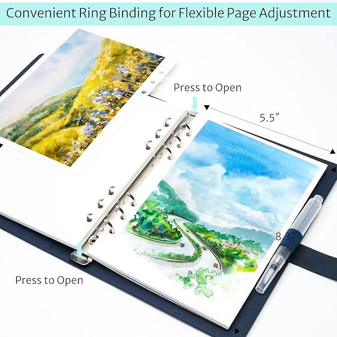 Vienrose 9" x 7" 3 Ring Watercolor Sketchbook, Faux Leather Cover Professional Art Journal with Detachable 24 Sheets 48 Pages, Ideal for Water Coloring, Sketching, Painting, Navy