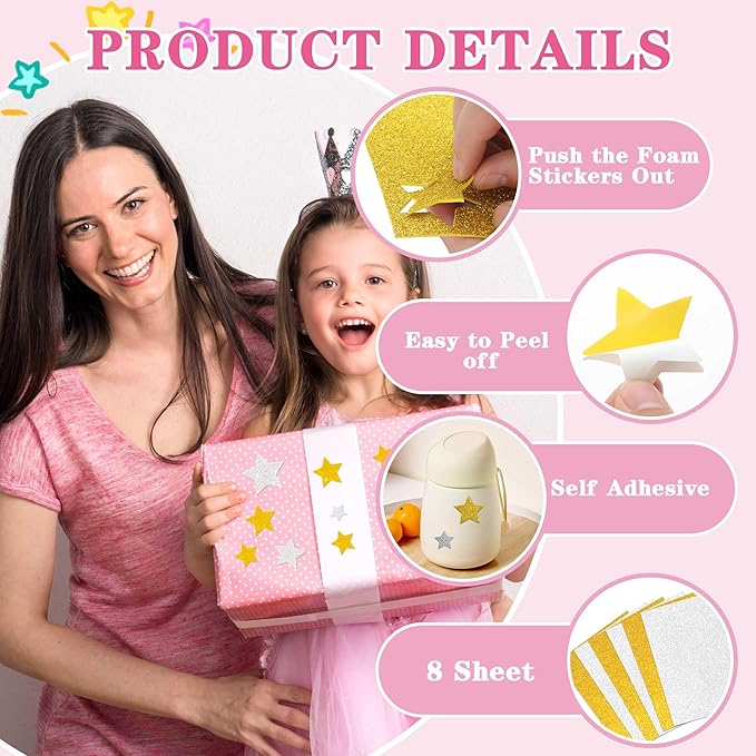 1376Pcs Foam Star Stickers,Glitter Foam Stickers Small Large Star Shape Sticker Self Adhesive,8Sheets Colorful Sticker for Kids Reward Arts Crafts Supplies Scrapbook Christmas Decor(8,Gold and Silver)