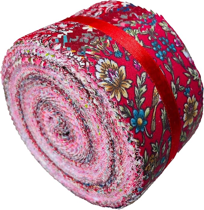 Jelly Roll Fabric 100% Cotton Quilting Fabric, 40 Pre-Cut Strips (2.5 x 44 Inch) for Quilting and Sewing - 10 Assorted Floral Prints-Red Floral