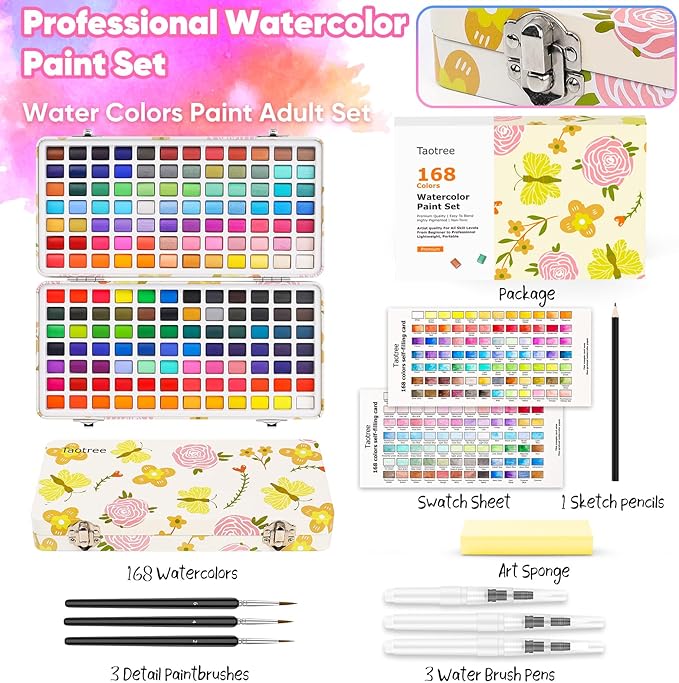 Taotree Watercolor Paint Set 168 Colors, Art Supplies Watercolors Kit Travel Water Colors with 3 Paints Brushes, Crafts Painting Supplies, Drawing Christmas Gifts for Adults Artist Drawing, Painting
