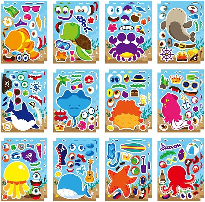 24 Sheets Make Your Own Sea Animals Stickers for Kids Toddlers, Make a Face Stickers Mix and Match Stickers, Ocean Animals Stickers for Kids Party Favors Activities