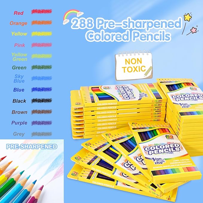 288 Colored Pencils Bulk, 24 Packs 12 Pre-sharpened Colored Pencils for Kids, Back to School Supplies,Teachers Essential Classroom Art Prizes