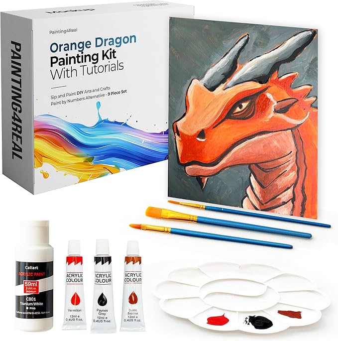 Painting4Real DIY Art Painting Kit for Adults – Learn to Paint Orange Dragon with Video Tutorials – 9 Pieces Acrylic Paint Set for Adults –Perfect Christmas Crafts & Holiday Gifts for Art Lovers