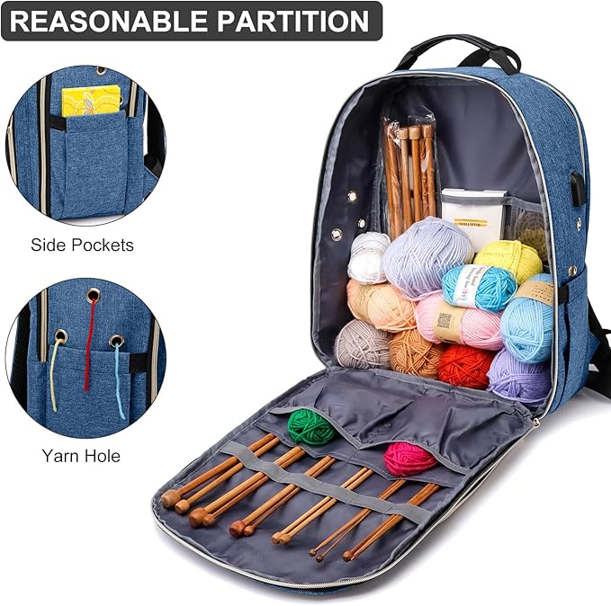 Knitting Bag Backpack, Crochet Bag Tote, Large Yarn Storage Tote Bag with USB Charging Port, Yarn Holder Case for Carrying Projects, Knitting Needles, Yarn Supplies, Blue