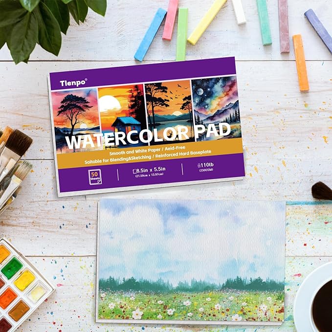 Tlenpo Watercolor Paper Pad, 8.5 x5.5 in, 110lb/230gsm, 50 Sheets, Artist Painting Drawing Paper Book, Art Supplies for Adults Kids, Acid-Free Water Color Paper for Beginner Students