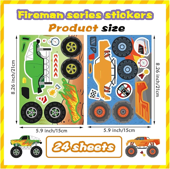 DUJAA 24 Sheets Monster Truck Stickers for Kids, Colorful, Premium Quality, Make Your Own, Monster Truck Party Favor, Teacher Reward, Birthday Gift