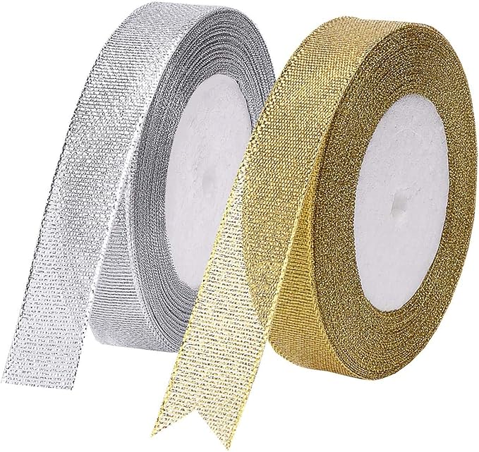 2 Rolls 50 Yards Width Metallic Glitter Ribbons 5/8 Inch Sparkly Fabric Wide Ribbon for Gift Wrapping, Crafts, Holiday Wedding Birthday Party Decoration Floral DIY Work(25 Yards Silver & Gold Ribbon)