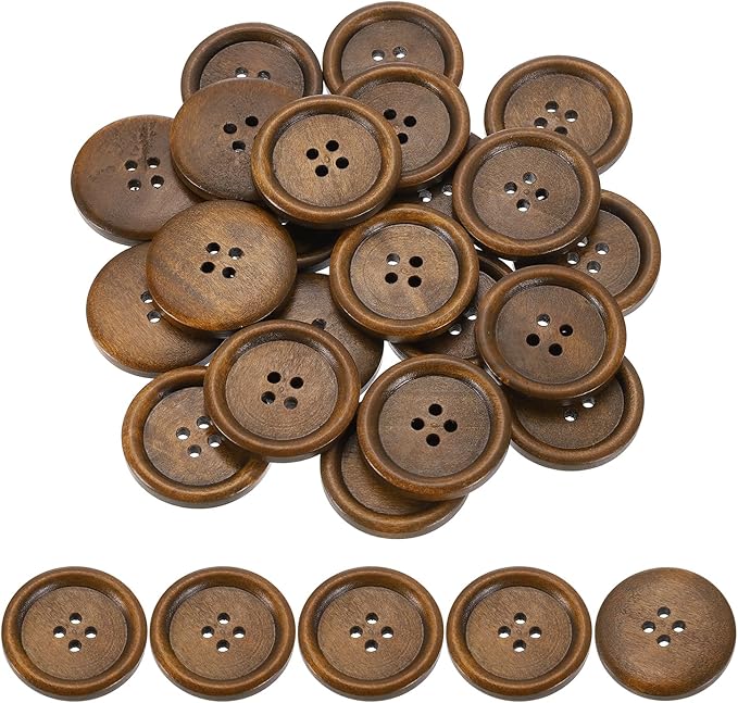 uxcell 50Pcs Wooden Buttons, 30mm(1 3/16") 4 Hole Round Wood Sewing Button Craft Flatback for Sewing DIY Craft Clothing, Brown