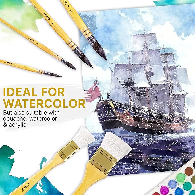 OOKU Professional Quill Brushes Watercolor Set - 6 Pc Real Squirrel Hair Blend Brushes for Consistent Flow - Short Handle Round Paint Brush for Artists, Painting, and Gouache