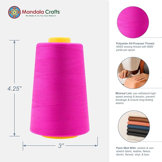 Mandala Crafts 4 Pack of Serger Threads Cones Spools - 40S/2 24000 Yards Polyester Fuchsia Threads for Sergers Machine and Overlock Quilting Sewing Machine