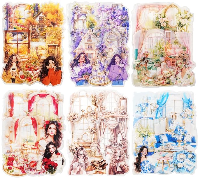 Cozy Home PET Stickers Set, 120PCS Vintage Girl and Room Aesthetic Stickers for Journaling, Scrapbooking, Planners and DIY Crafts